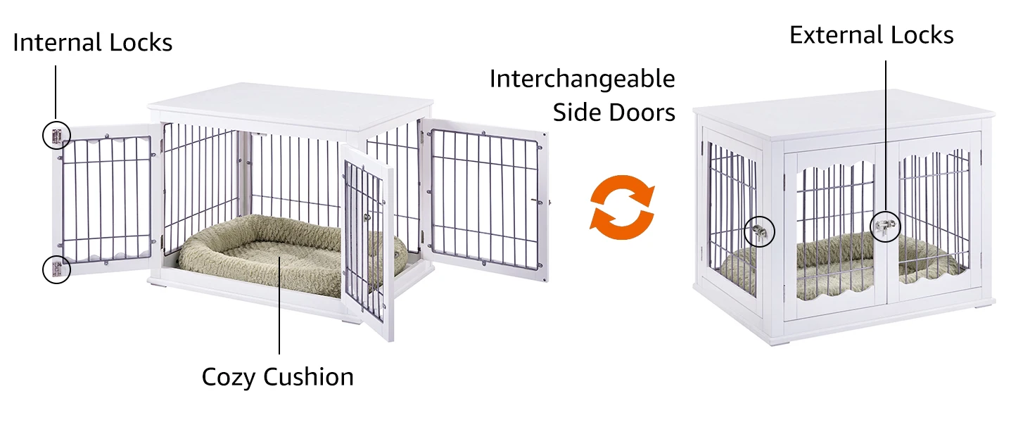 Dog crate, has external and internal locks and cozy cushion, side doors can be exchangeable