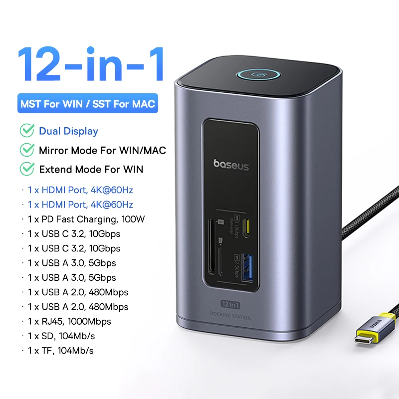 Baseus 12 ב-1 USB C HUB ל HDMI 4K@60Hz מתאם USB 3.2 עם תצוגה כפולה RJ45 SD TF PD 100W תחנת עגינה עבור Windows Mac Hub
