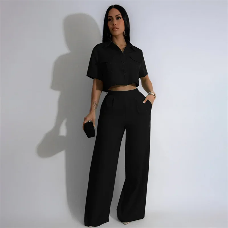 Solid Elegant Pant Sets Womens 2 Piece Outfit Summer 2024 Turn-down Collar Button Up Pockets Shirt Top and Wide Leg Pants Suit - Image 4