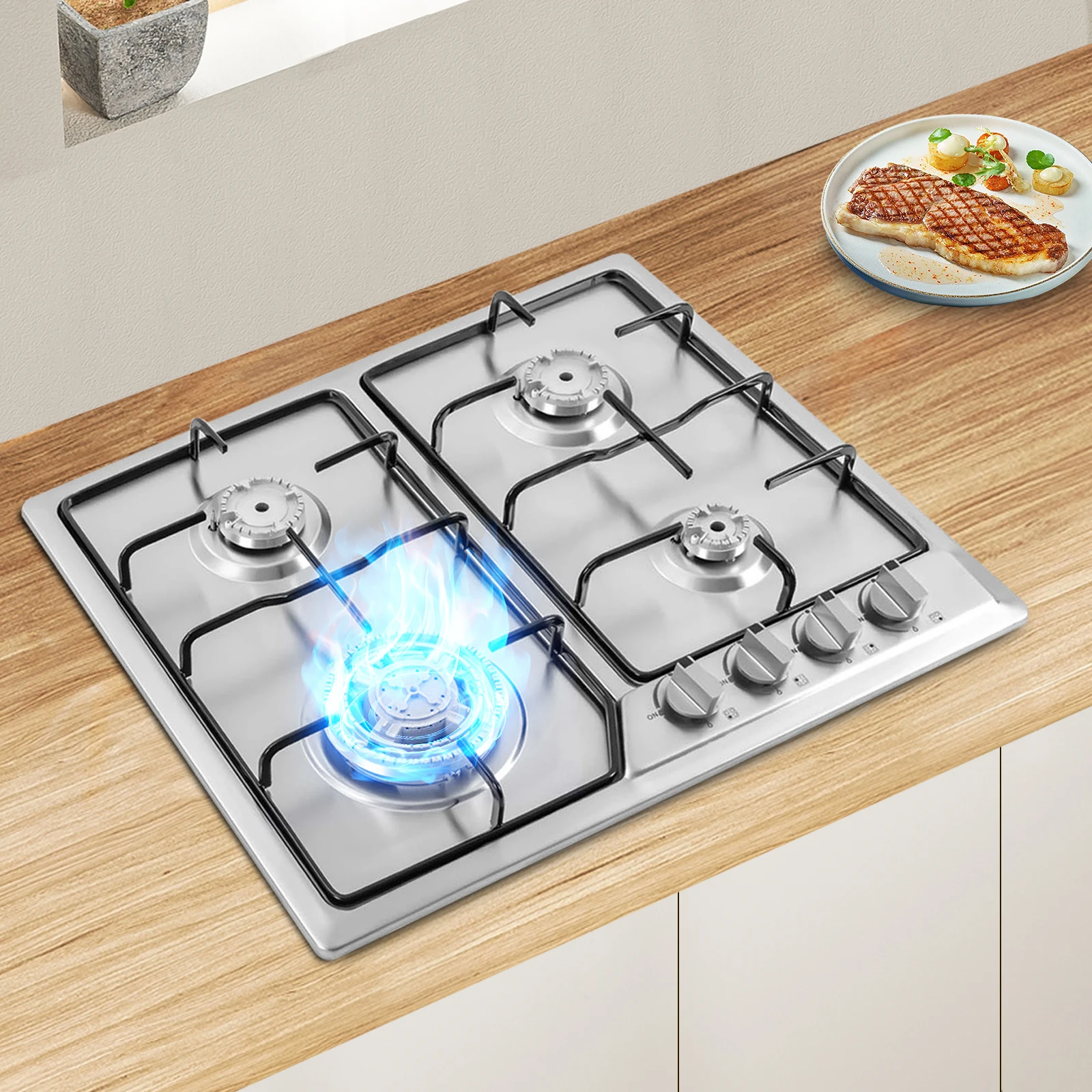 23x20 Inch Built in Gas Cooktop 4 Burners Stainless Steel Stove with NG/LPG Conversion Kit Thermocouple Protection Easy to Clean