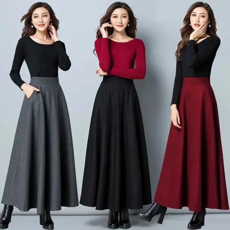 

NEW Winter Women Long Woolen Skirt Fashion High Waist Elastic A-Line Maxi Skirts Female Casual Thick Warm Basic Wool Skirts 3XL