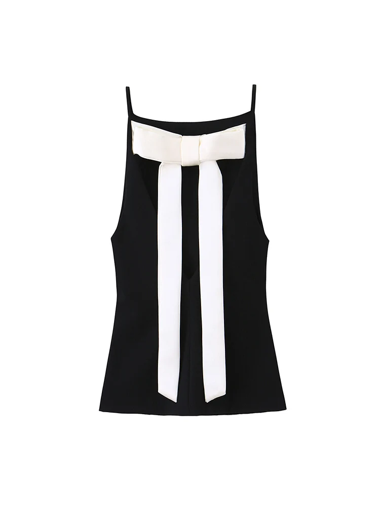Summer Women Sleeveless Camisole Fashion Streetwear Elegant Back Bow Decoration Zipper Tank Tops Chic Contrast Color Sling Top
