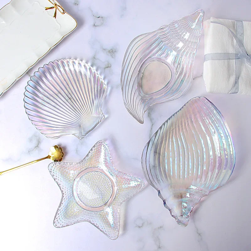 1 Piece Glass Saucer Transparent Sea Creature Shape Seastar Scallop Snail Snack Cheese Pudding Bread Serving Plate