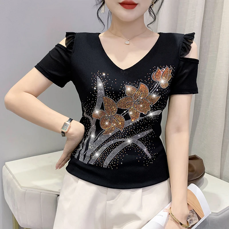 

2023 New Summer European Clothes Cotton Thin T-Shirt Chic Sexy Diamonds Flower Women Tops Short Sleeve Off Shoulder Tees 33189