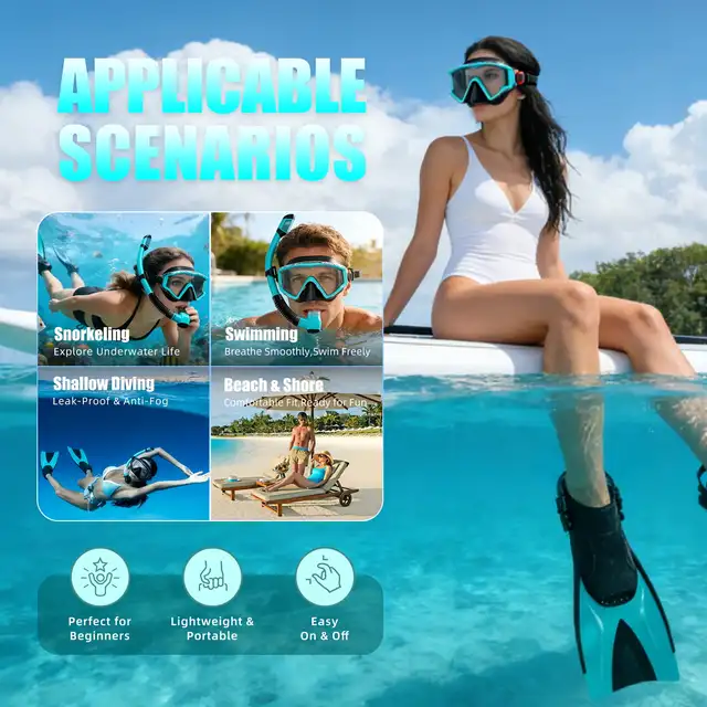 4-in-1 Adult Snorkel Set, Panoramic Anti-Fog Mask + Dry Top Snorkel + Adjustable Fins with Travel Bag for Diving Swimming