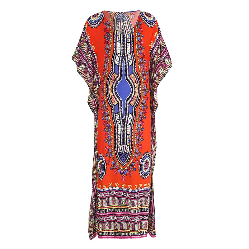 

Women Large Bathing Suits Cover Up Boho Print Kaftan Beachwear Maxi Dress Indie Folk Print Dress Vintage Geometric Outfits