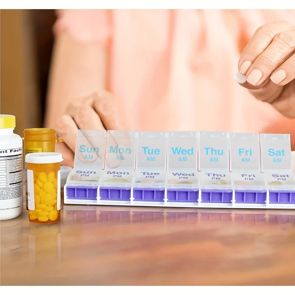 7 Day Push Button Large Tray 14-Compartment Meds Box Container Holder AM PM for Medication, Vitamin, Supplement