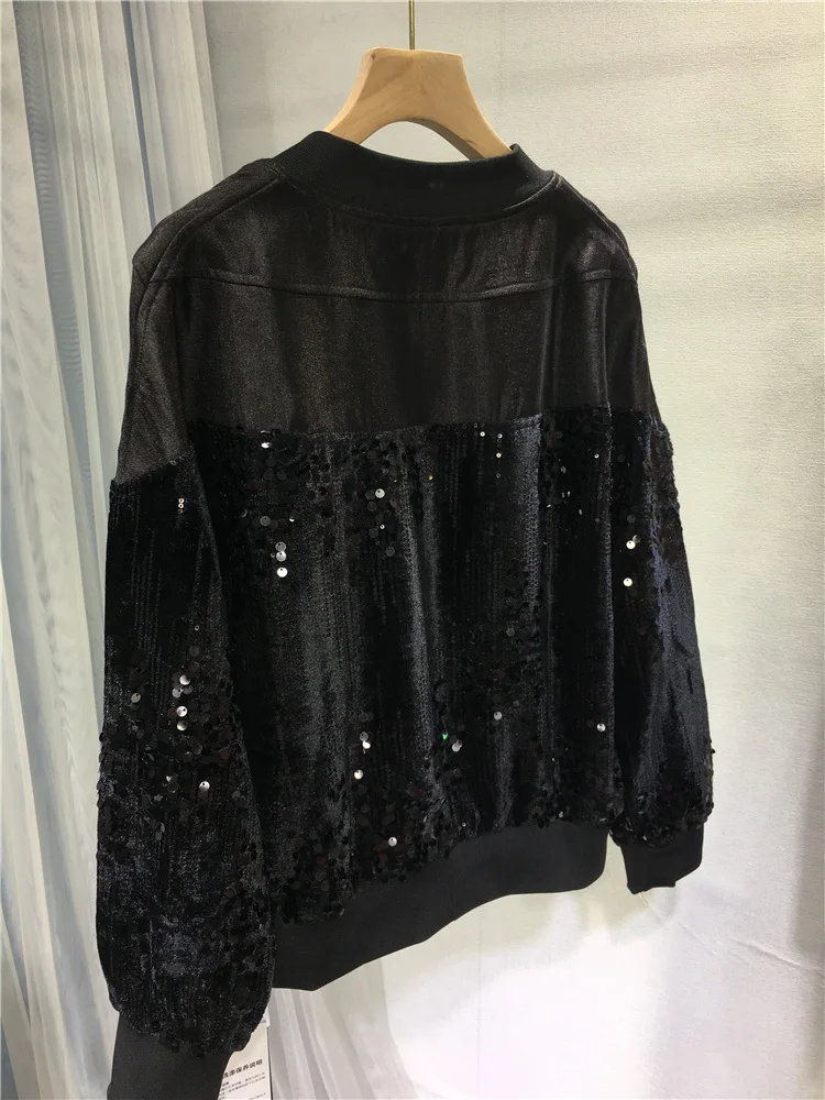 European Jacket Coat Women's Fashion Glitter Short Jacket Black Baseball Uniform Female Long Sleeve Autumn and Winter Coat