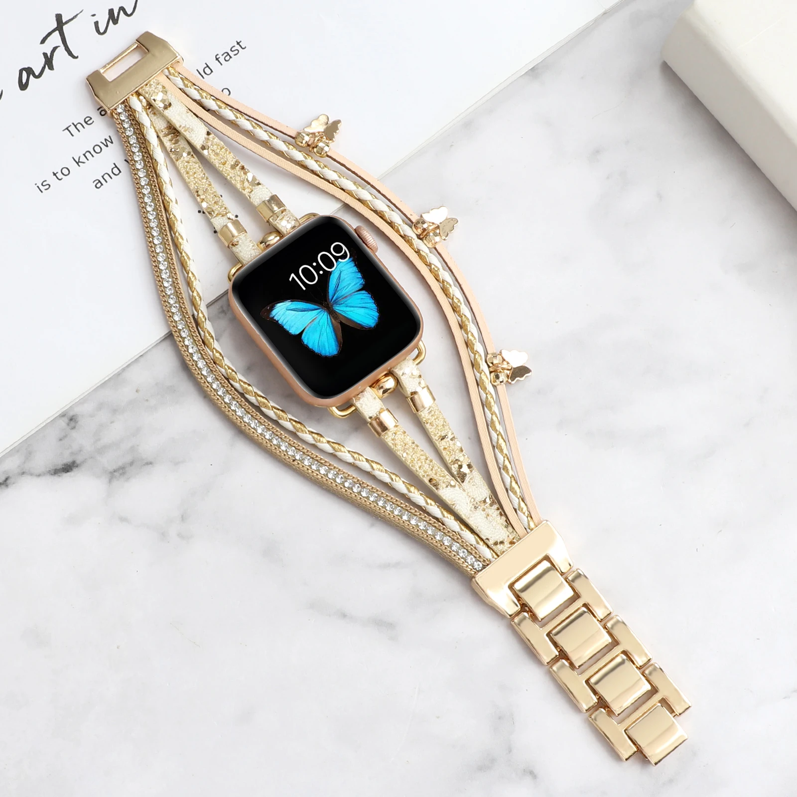 Metal+Leather Strap for Apple Watch 9 8 7 45mm 41mm Ultra2 49mm Women Jewelry Wristband for iWatch 6 5 4 SE 44mm 42mm 40mm Belt