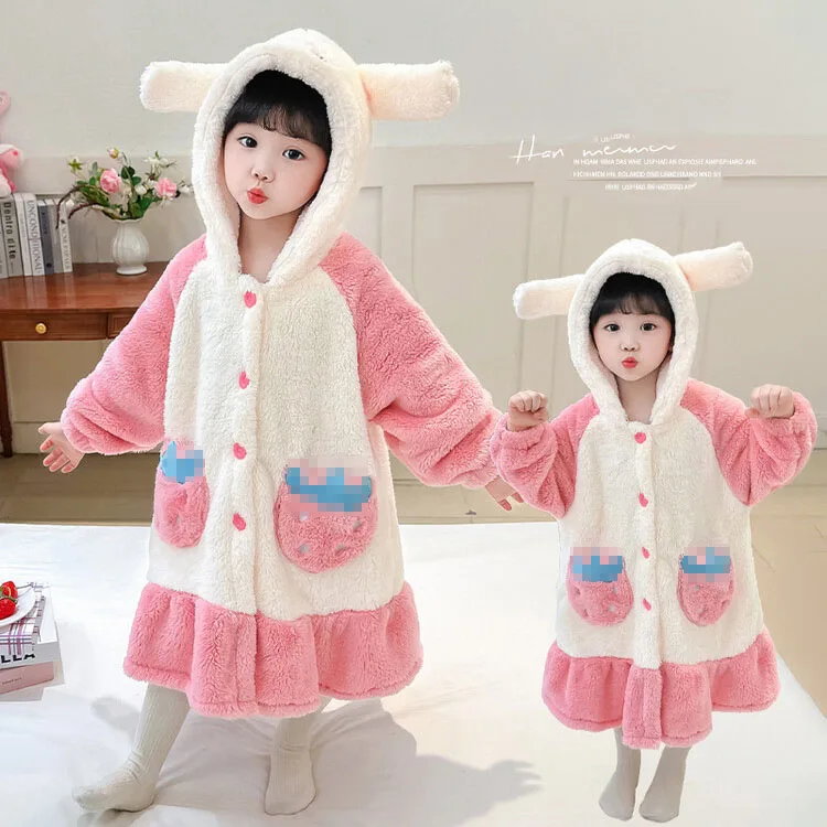 Autumn Winter 1-8Y Girls Flannel Pajamas Cartoon Hat Ear Spliced Kids Girls Robe Strawberry Pocket Warm Toddler Loungewear