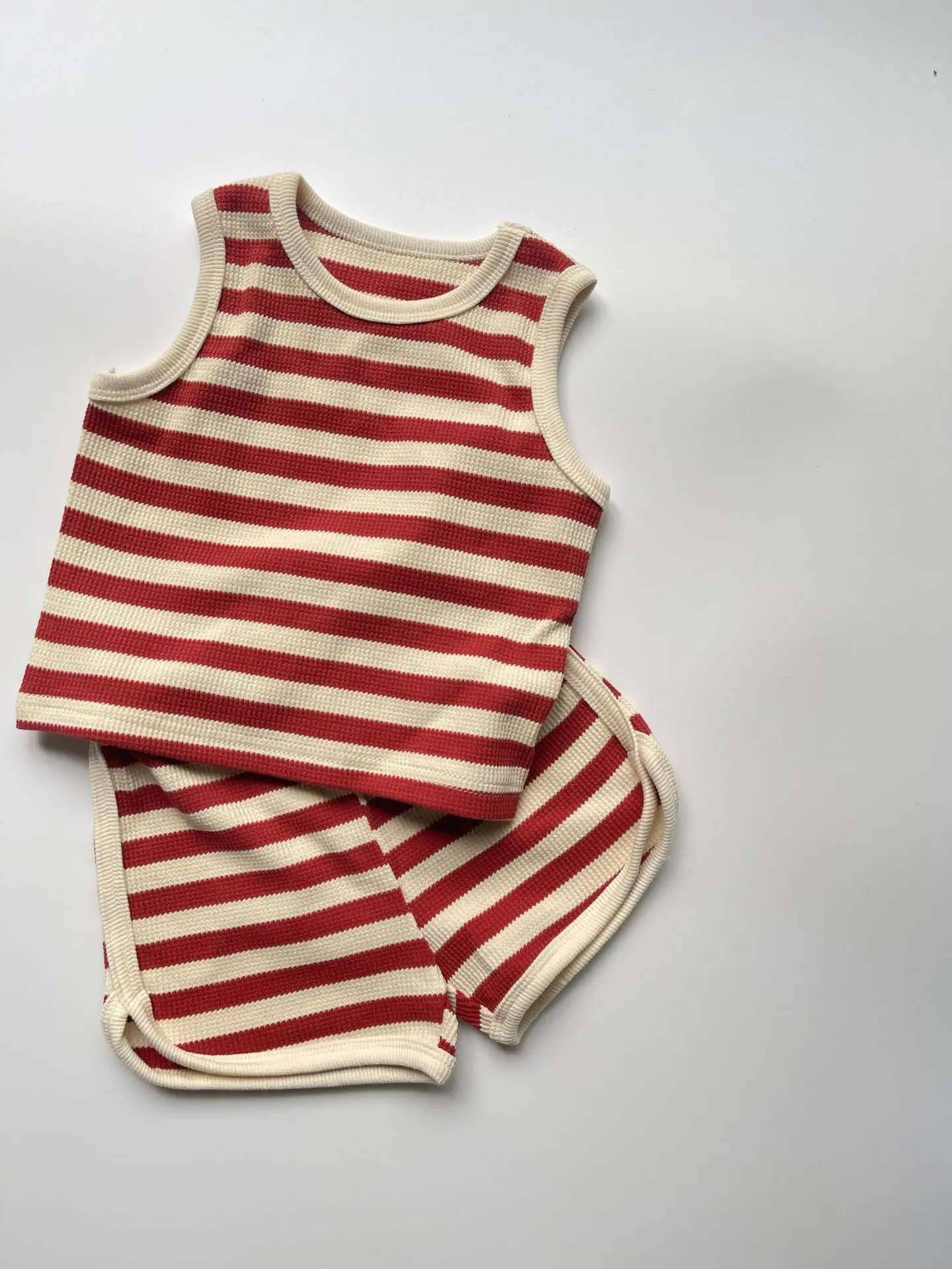 2025 Summer New Baby Sleeveless Clothes Set Infant Boy Girl Vest + Shorts 2pcs Suit Toddler Waffle Striped Breathable Outfits 3