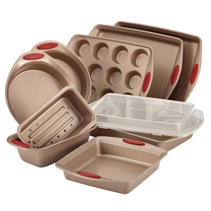 

BOUSSAC 10-Piece Cucina Nonstick Bakeware Set, Brown with Red Handles
