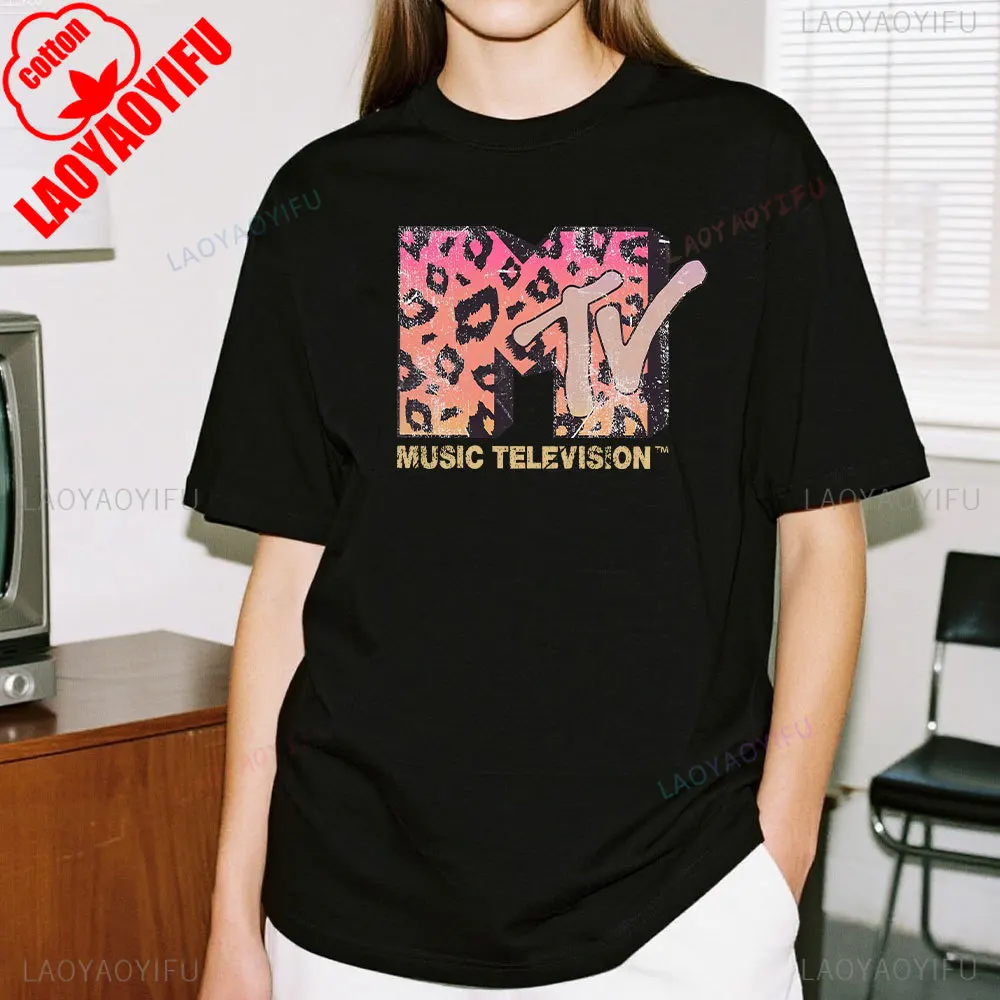 MTV Vintage Logo Tshirt Leopard Print Retro 80s 90s Graphic Tee Music Television Unisex Y2K Tops Gradient Design Casual Cotton