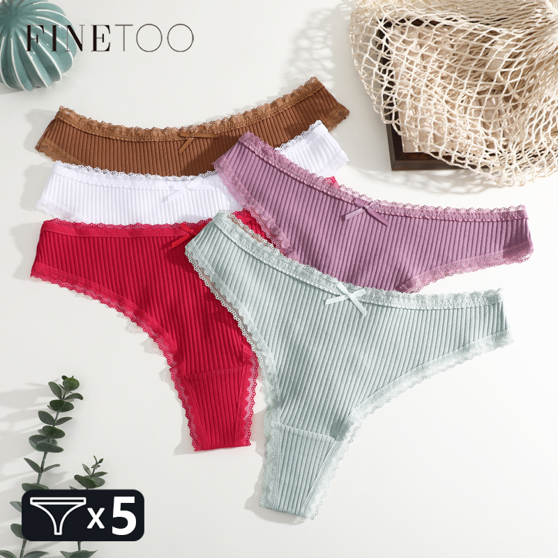 5pcs/Set Women Cotton Lace Thongs Sexy Low Waist Striped Panties Solid Comfort Underwear Solid Breathable G-String Soft Lingerie