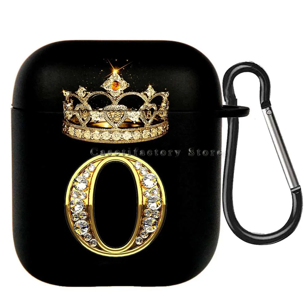 Elegant Diamond Crown Initial AirPods Case - Black Wireless Bluetooth Earphone Cover