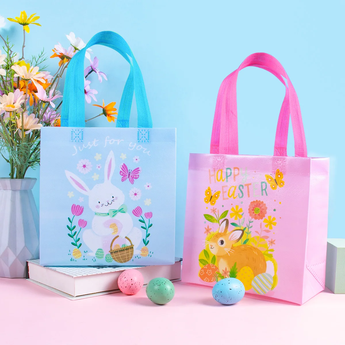 

4Pcs Easter Blue Pink Non-woven Easter Egg Rabbit Pattern Waterproof Gift Candy Bag Happy Easter Party Decoration Supplies