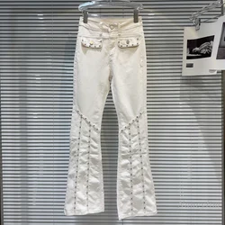 2024 Summer New Style Street Hot Girl Rhinestone Beaded Design Solid Color Skinny White Jeans for Women