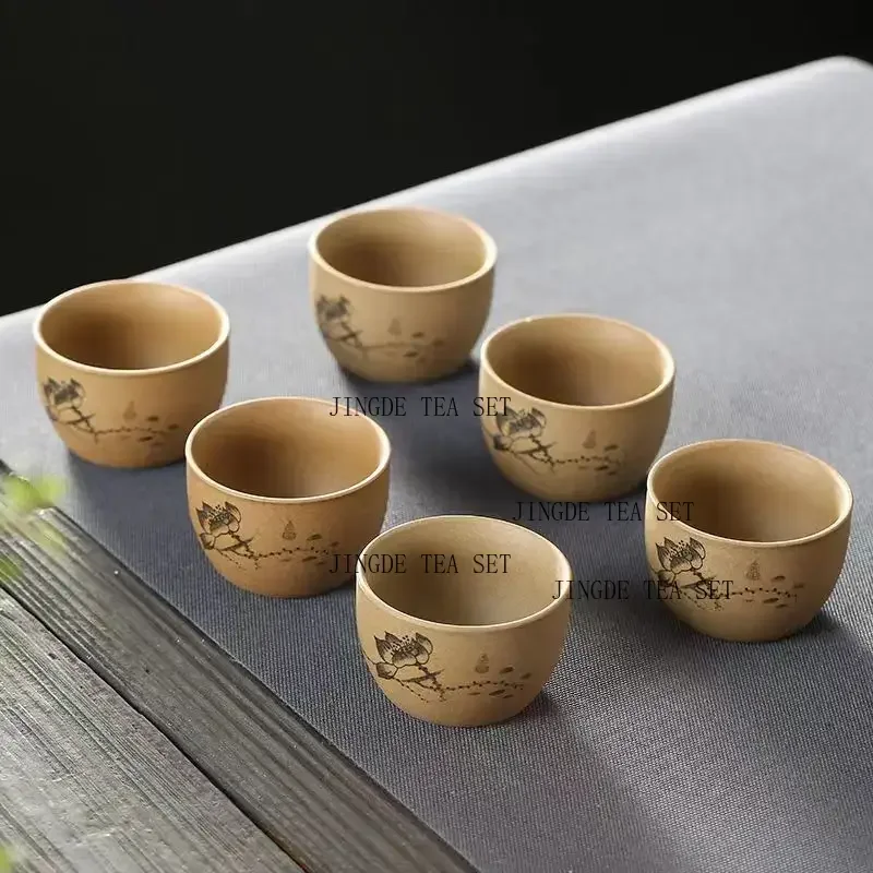 1 Set of 6 Yixing Purple Clay Coarse Pottery Handmade Tea Cups Kung Fu Tea Set Accessories