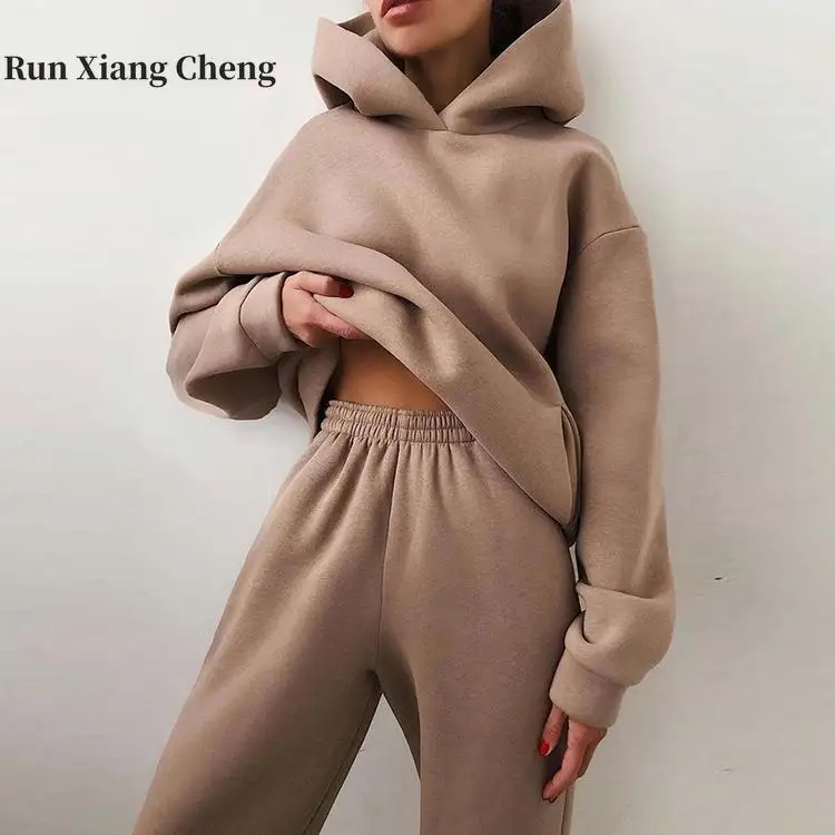 

RUN XIANG CHENG 2023 New Women Autumn Winter Sweater Set Solid Color Casual Fashion Sports Pants Two Piece Set Free Shipping