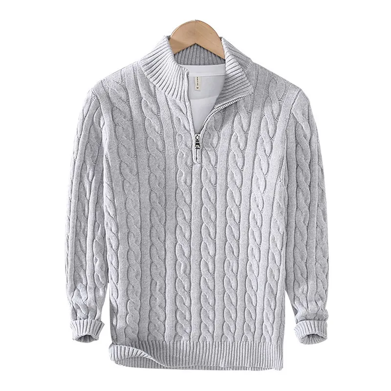 100% Cotton Sweaters Men's High Quality Autumn Cable Knit Christmas Sweater With Zipper Turtleneck Pullovers Zipper Pull Homme 8 5