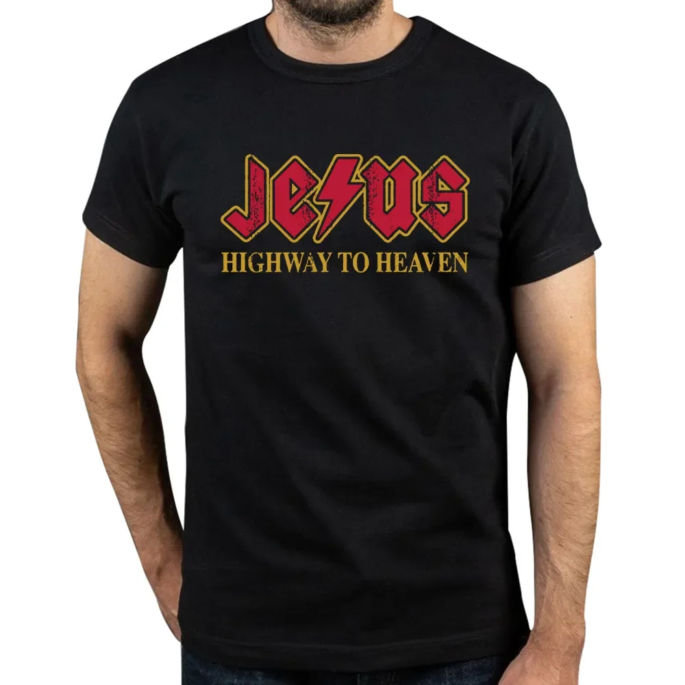 

Vintage Jesus Rocks Highway To Heaven T-Shirts for Men O Neck T Shirt Christ Christian Religion Tees Printed Clothing for men