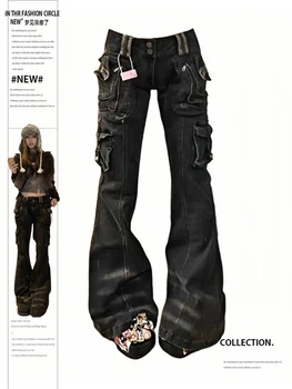 Women Korean Fashion Chic Jeans Grunge Japanese Harajuku Gyaru Y2K Denim Cargo Pants Cyber Punk Hip-pop 2000s Aesthetic Tomboy 1
