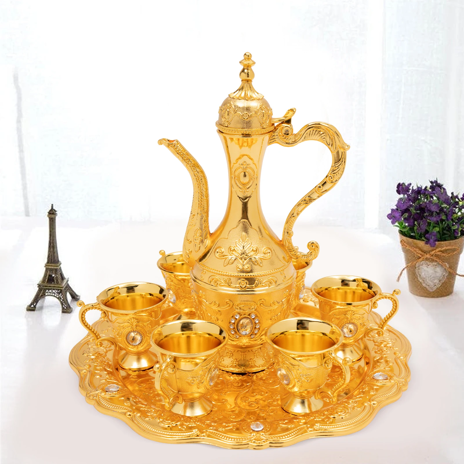 Turkish Tea Set, Vintage Turkish Coffee Set with Pot and 6 Cups for Home Decor Birthday Christmas Housewarming Wedding