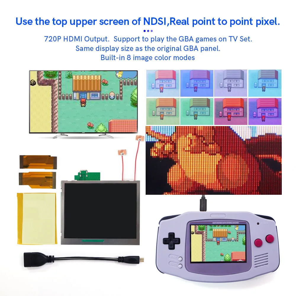 720P GBA HDMI-Compatible Backlight Retro Pixel GANi LCD Screen Kit TFT Backlight Brightness GBA LCD With Housing Shell