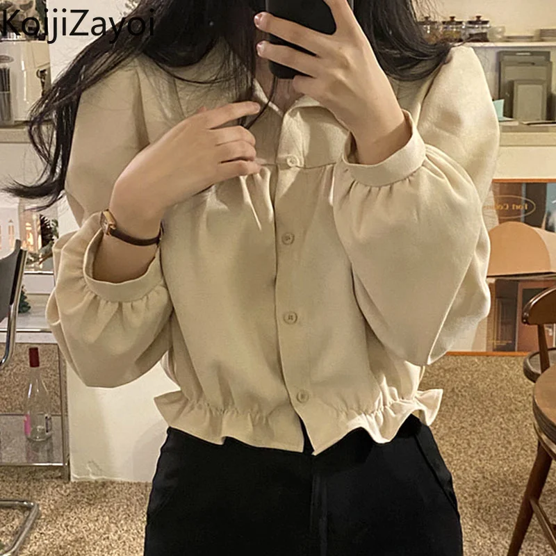 

Koijizayoi Elegant Women Ruffled Crop Shirt Long Sleeves Solid Fashion Office Lady Chic Korean Blouse Spring Autumn Blusas 2022