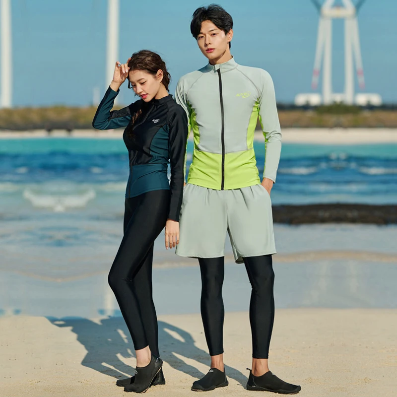 Couple Rash Guards Women Men 4/3 Pieces Swimsuit Patchwork Zipper O Neck Swimwear Long Sleeve Sport Surfing Bathing Suit Wetsuit