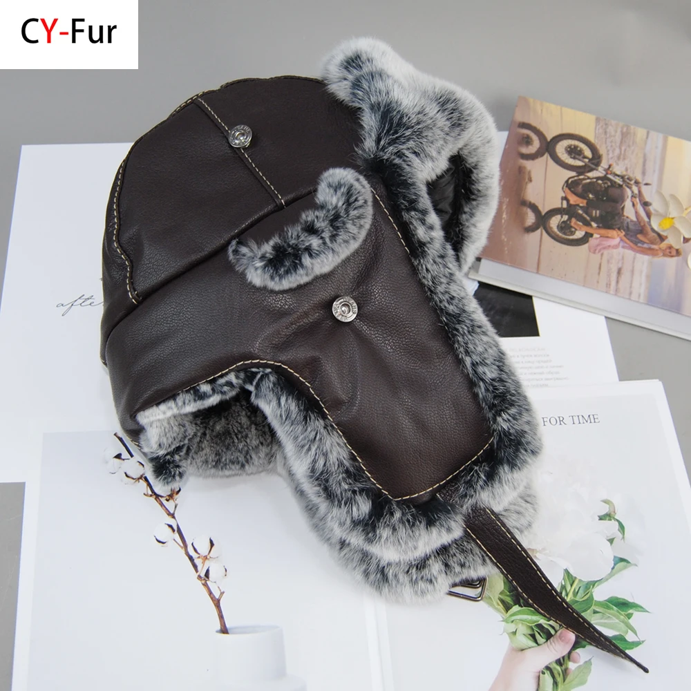 

Hot Sale Unisex Real Rex Rabbit Fur Bomber Hat Ushanka Cap Trapper Russian Men Women Ski Hats Caps Real Sheepskin Leather Caps