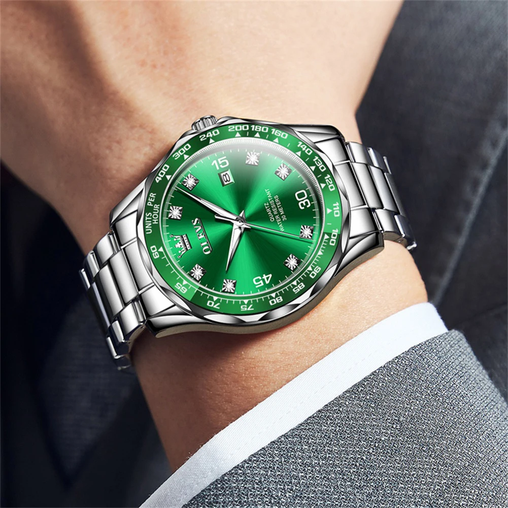 Luxury Business Man Watch OLEVS Brand Green Dial Stainless Steel Band Quartz Watches for Men Waterproof Clock reloj hombre