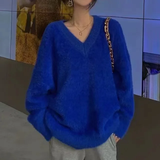 

Lazy Style Senior Sense Mink V-Neck Sweater Women Wear Loose Knit Top Outside Autumn And Winter C109