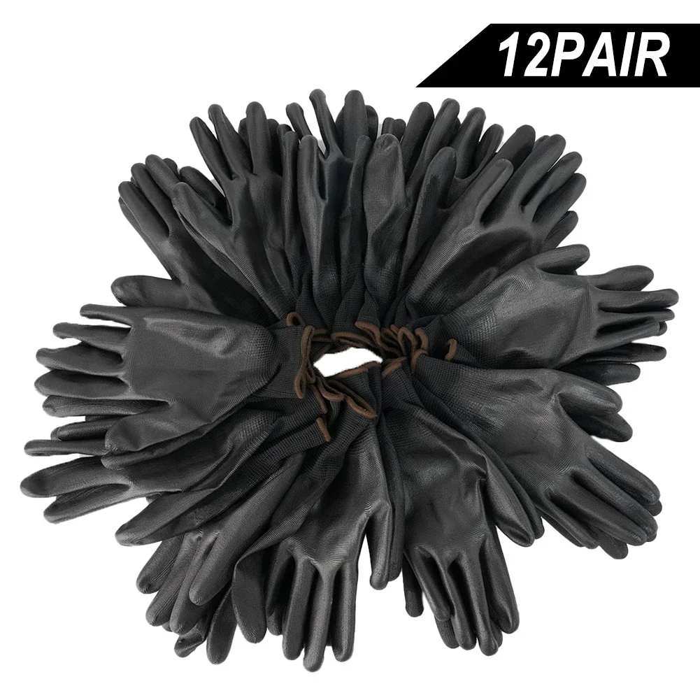 

Hand Protect Work Gloves Knit Cuffs Nylon PU Coated S/M/L Safety 12 Pairs Dust-proof Carpenters Gardening Supplies