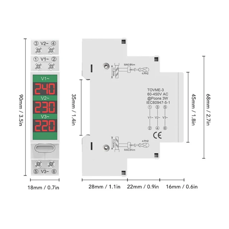 3상 AC 전압계 딘 레일 마운트 LCD 디지털 디스플레이 전압계 전력계 60-450V