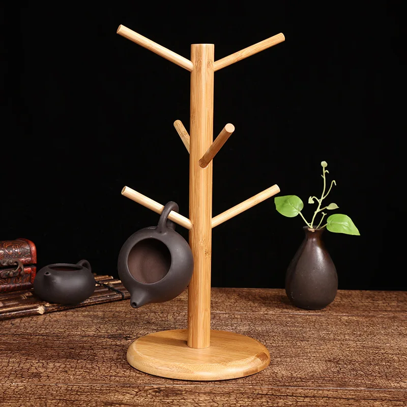 1pc Bamboo Drain Rack With 6 Claw Hanging Cup Holder Suitable For