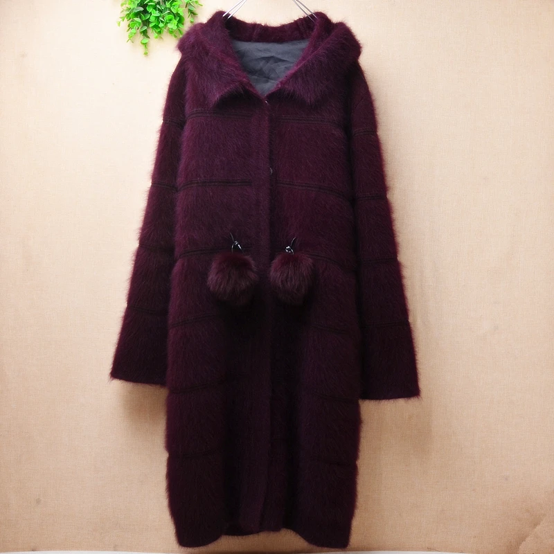 

1.5KG female women winter thick warm hairy mink cashmere knitted long sleeves hooded slim long sweater cardigan coat sweater top