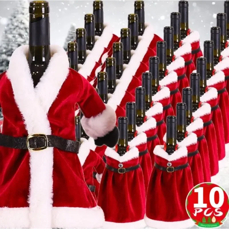1/10PCS Christmas Red Dress Wine Bottle Covers Velvet Wine Bottle Bags Xmas New Year Holiday Party Dinner Table Decoration Gifts