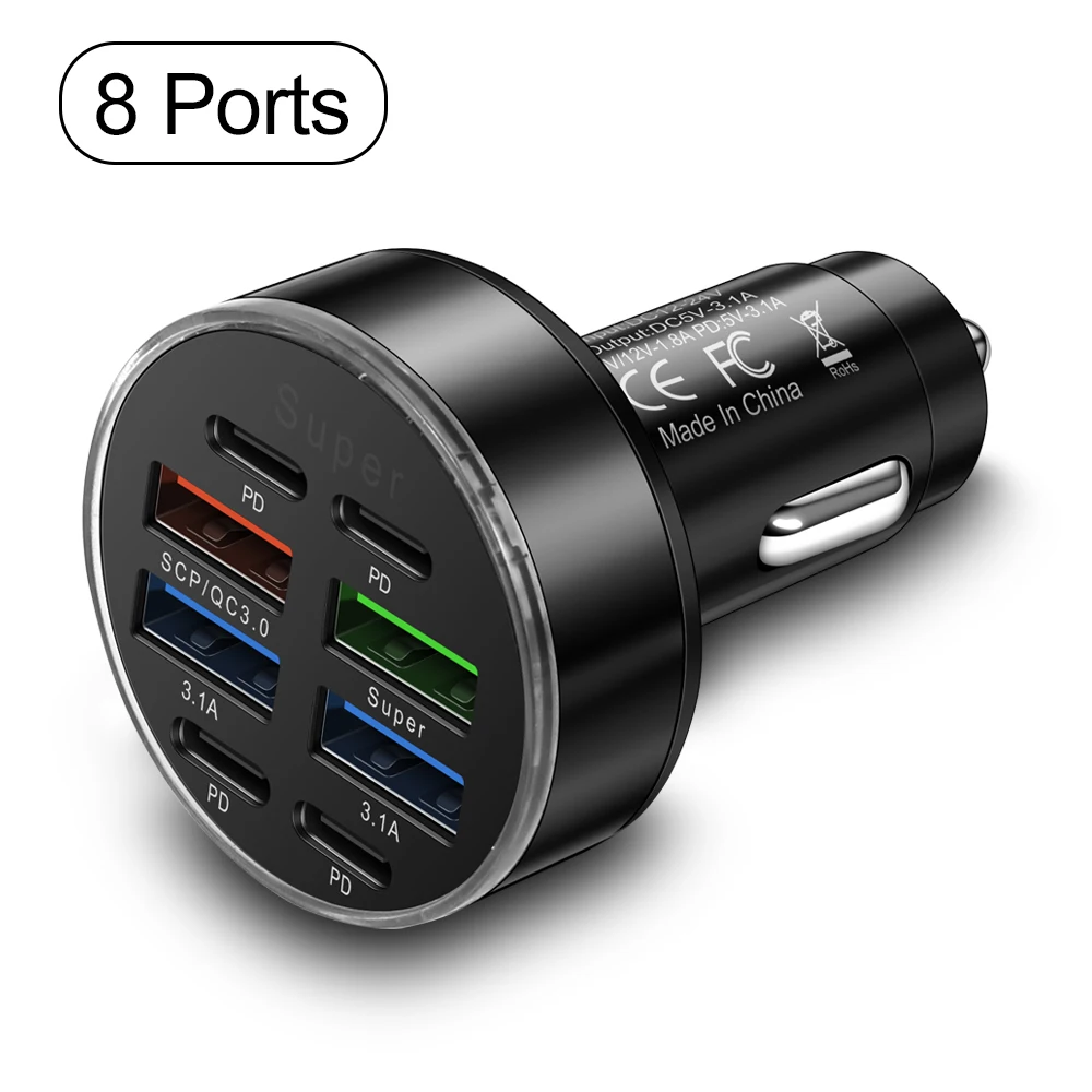 100W 6/8 Ports Car Charger Fast Charging PD QC3.0 USB C Car Phone Charger Type C Adapter in Car For iPhone Samsung Huawei Xiaomi