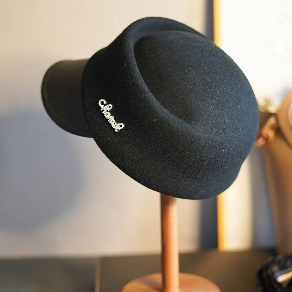 Newsboy hat Leather Brim Wool Cap Wool Newsboy Cap Women Winter Hat British Flat Patchwork Woolen Ladies Beret Hats