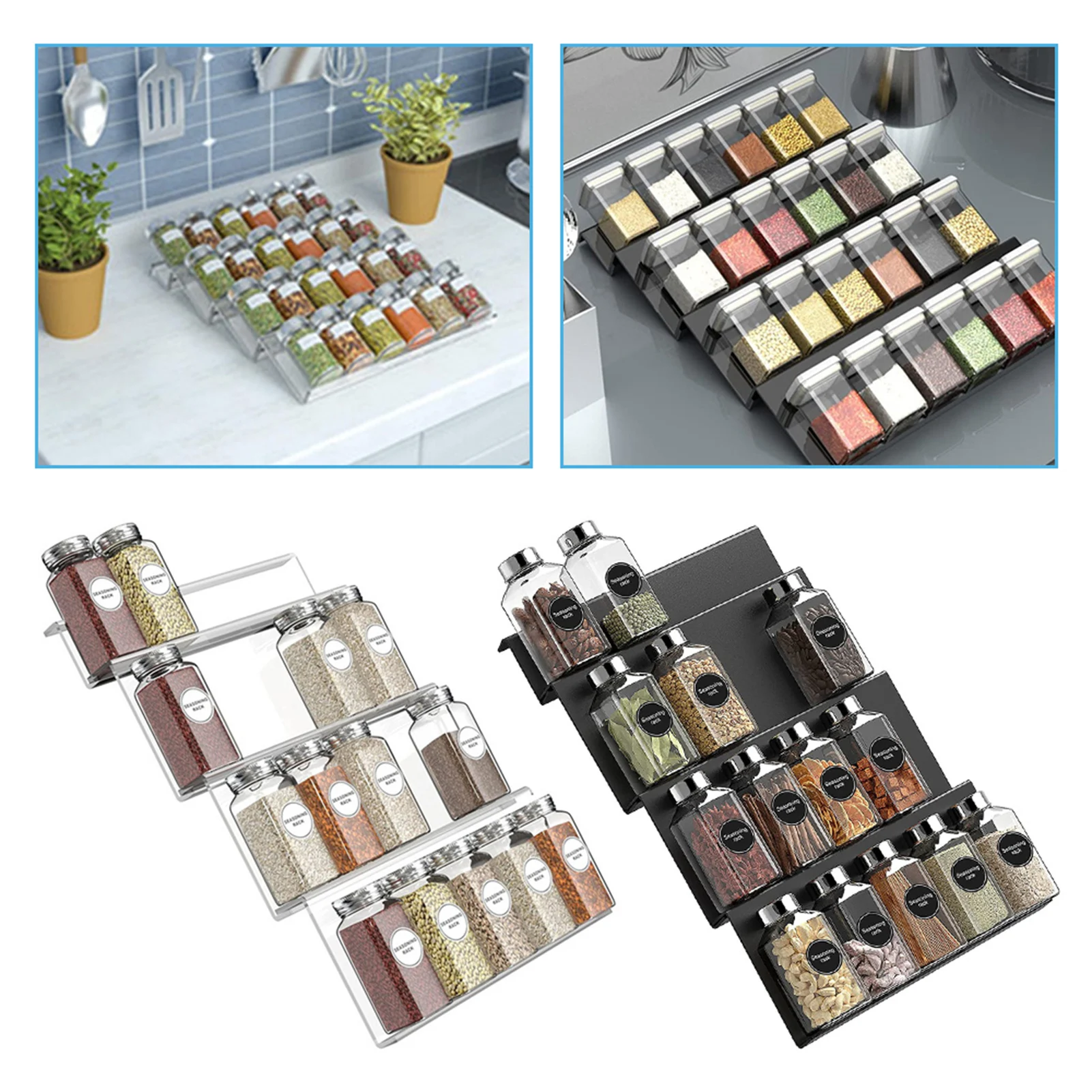 4 Layer Spice Drawer Organizer Adjustable Acrylic Spice Jars Rack Tray Expandable Seasoning Organizer Cabinet Kitchen Shelves 1