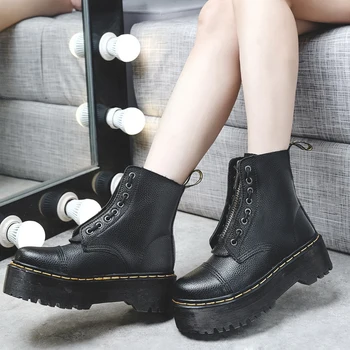 Genuine Leather Women Boots Platform Large Size35-45 Black Leather Ankle Boots Punk Shoes Thick Bottom Motorcycle Boots