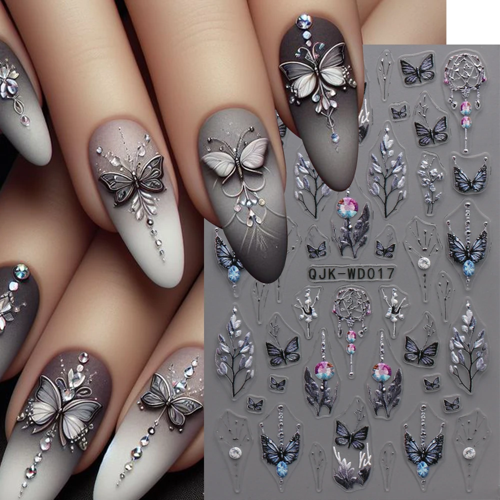 1pcs 검은 꽃 3D 네일 아트 스티커 진한 빨간색 꽃무늬 고딕 나비 양각 디자인 네일 데칼 DIY 매니큐어 장식