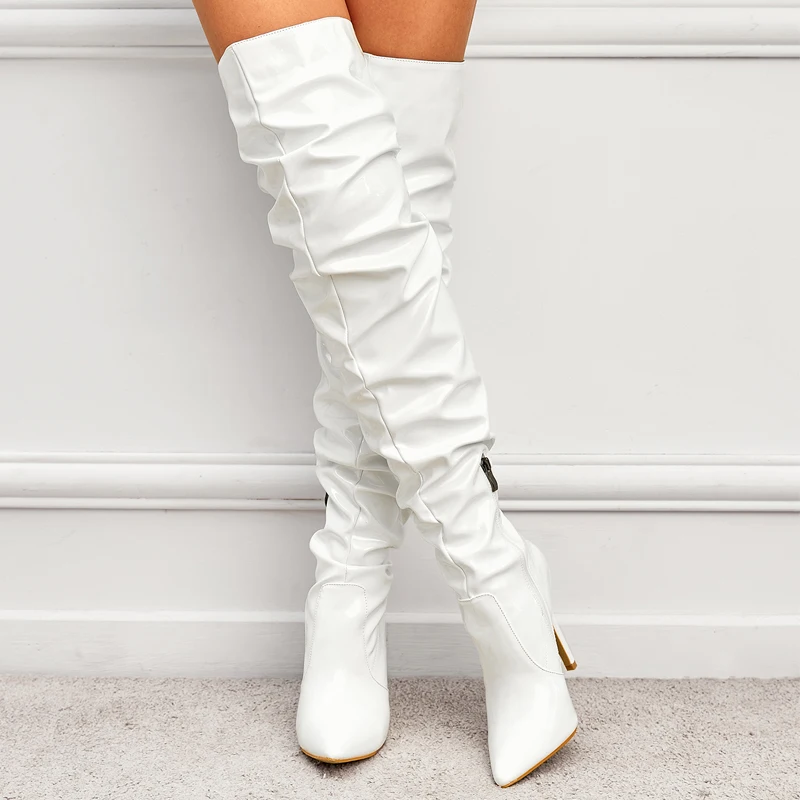 Winter Long Boots Woman Patent Leather Pointed Toe Stiletto High Heels Zipper Over The Knee Boots Botas Altas Sexy Ladies Shoes
