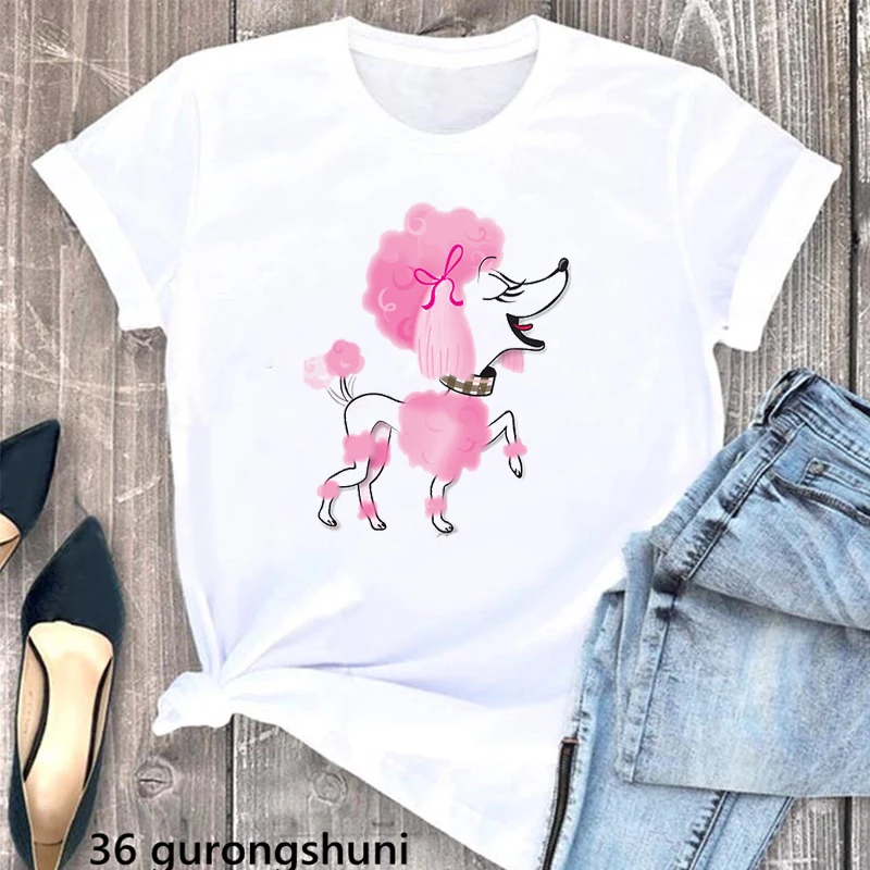 

Cute Pink Poodle Animal Print White T Shirt Women Dog Mom Lover Shirt Mothers Day Gift Summer 2022 Woman Clothes Custom Tshirt