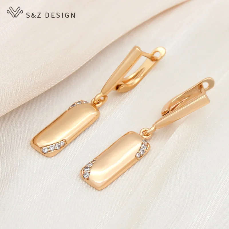 S&Z DESIGN New Symmetry Square Metal Dangle Earrings 585 Rose Gold Color Natural Zircon Women Wedding Vintage Fashion Jewelry