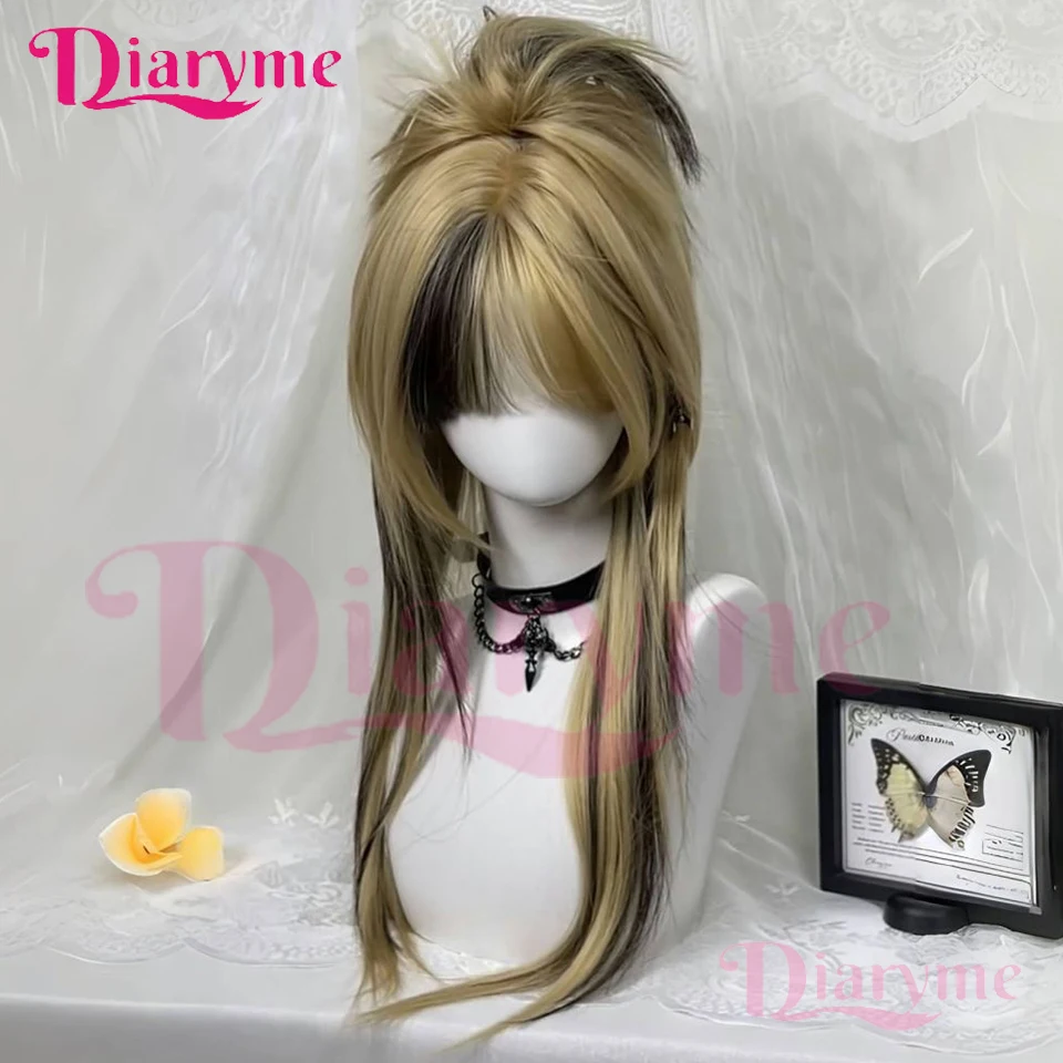 Gold Highlights Black Synthetic Lolita Wig Female Double Ponytail Wig with Bangs Suitable for Holiday Daily Cosplay Wear