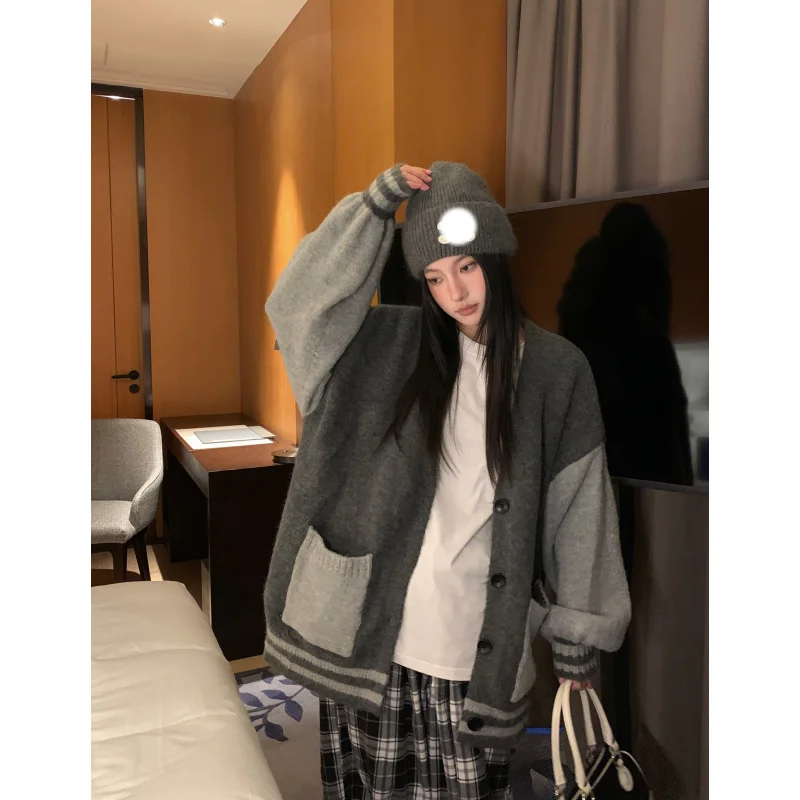 

Women Fashion New Fashion Style Cardigan Grey Knitted Round Neck Contrasting Colors Sweater Coat Chic Winter Short Jacket Top