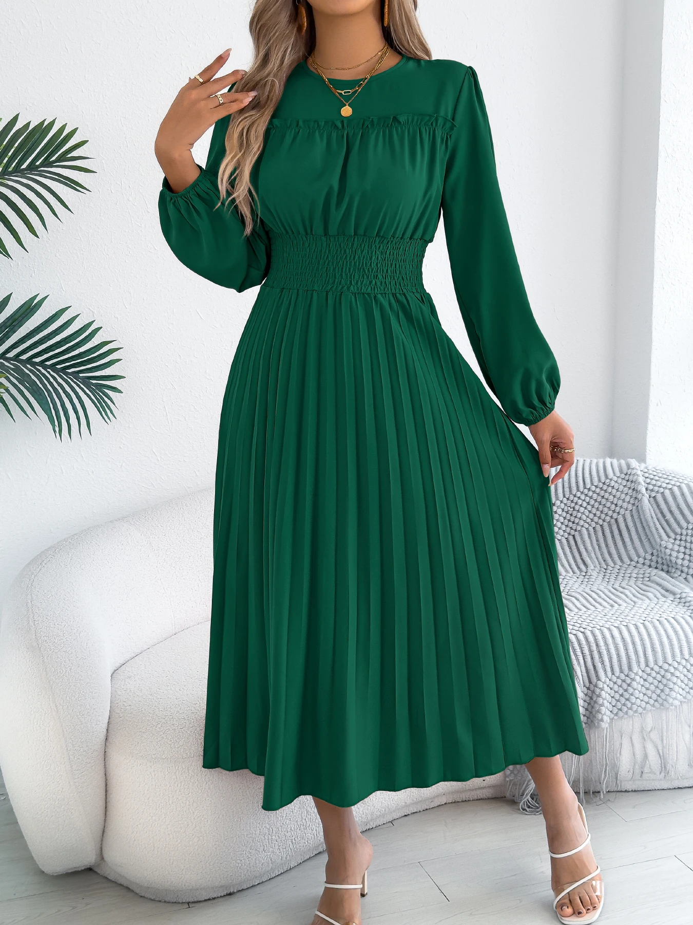 Women Autumn Winter Maxi Dress Khaki Green Blue