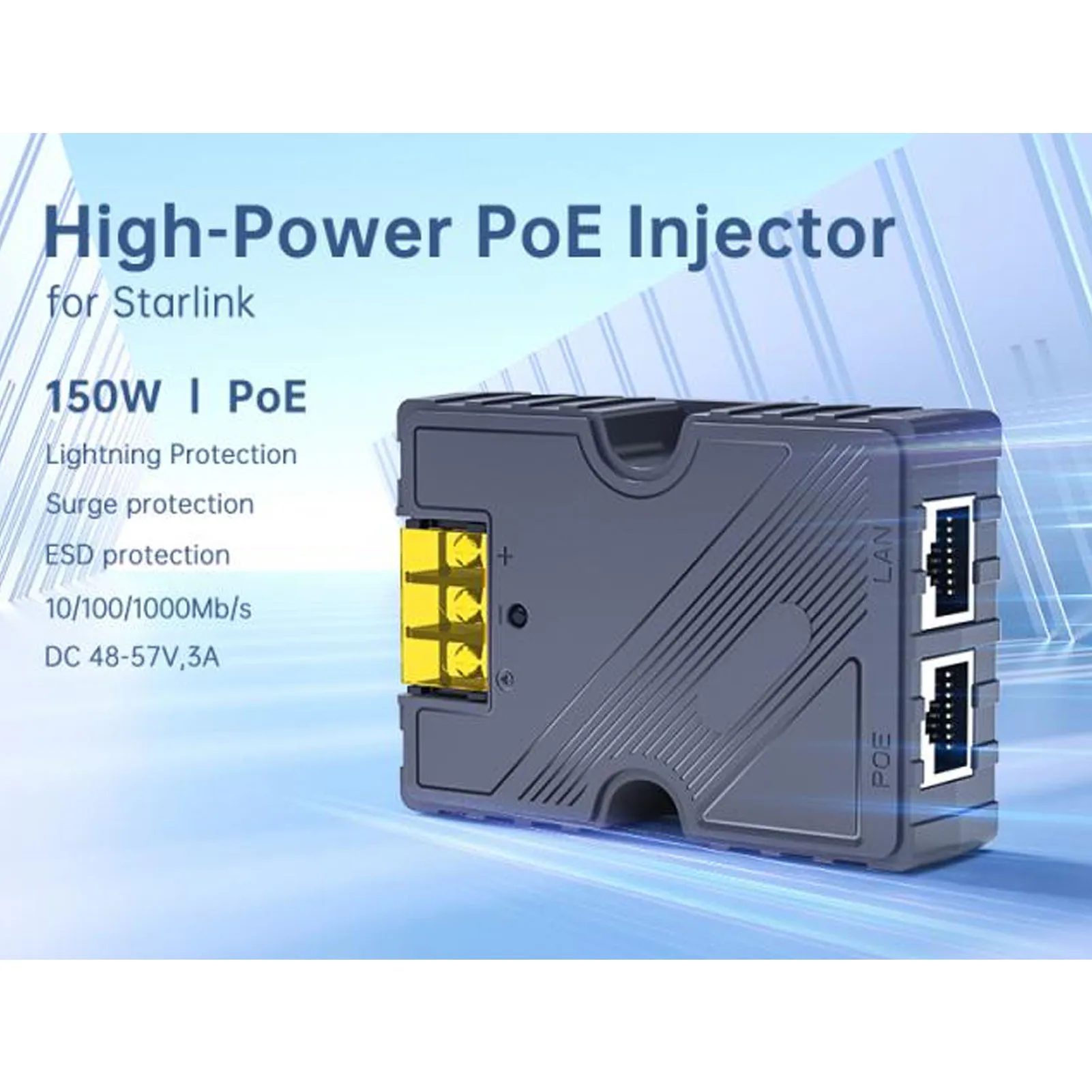 PoE Injector 150W GigE Passive Surge ESD Guard with Gigabit High Speed for Dishy V2 for Starlink Gen3 3A DC48‑57V